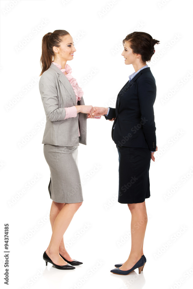 Two women in office outfits giving handshake. Two women in office outfits giving handshake.