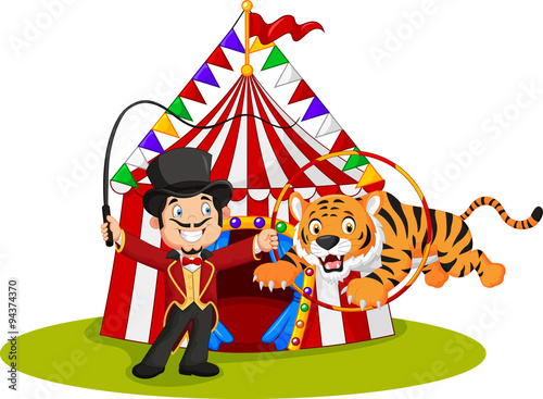 Cartoon tiger  jumping through ring with circus tent background
