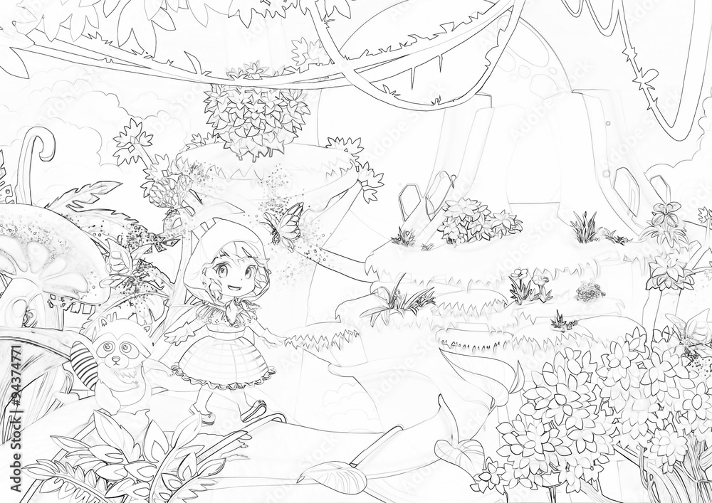 Naklejka premium Illustration: Coloring Book Series: Walking Through the Mountains. Soft thin line. Print it and bring it to Life with Color! Fantastic Outline / Sketch / Line Art Design. 