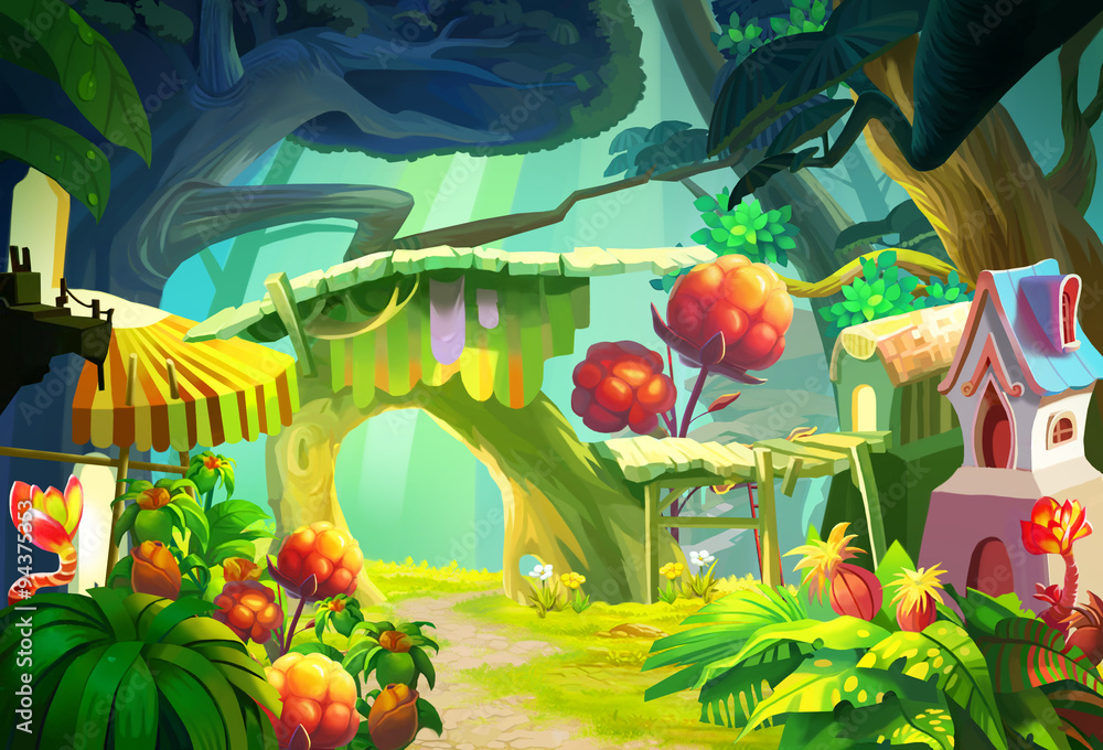 Illustration: Happy Forest and Lovely Little Animals' Home. Fantastic Cartoon Style. Scene / Wallpaper / Background Design Stock Illustration | Adobe Stock Illustration: Happy Forest and Lovely Little Animals' Home. Fantastic Cartoon Style. Scene / Wallpaper / Background Design Stock Illustration | Adobe Stock
