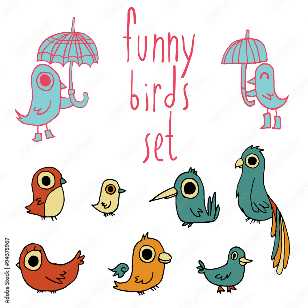 Fototapeta premium Vector cartoon flat birds set icon stickers.