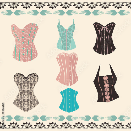 Tablou canvas Vector of set elegant retro style corsets.