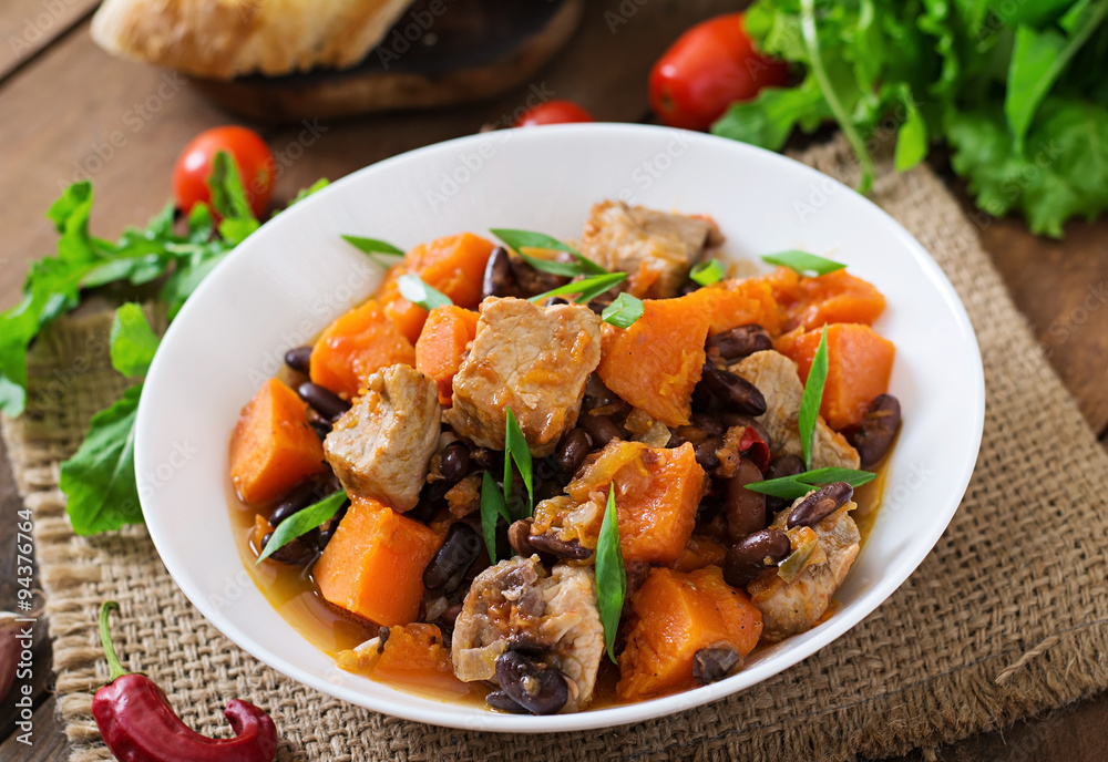 Baked spicy pumpkin with meat and beans Baked spicy pumpkin with meat and beans