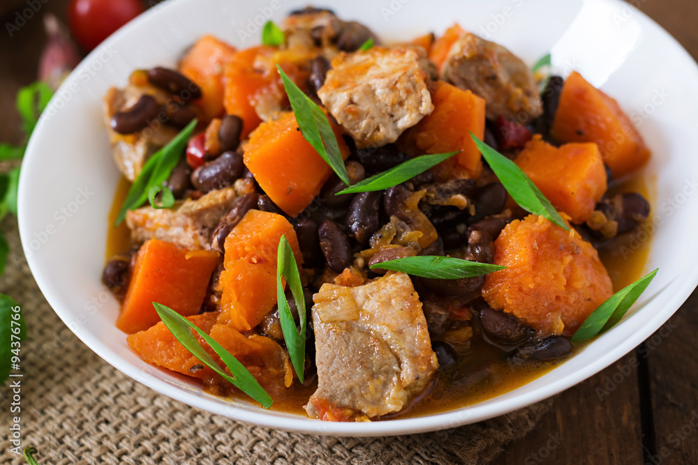 Baked spicy pumpkin with meat and beans Baked spicy pumpkin with meat and beans
