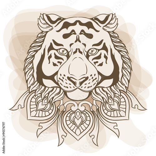 Fototapeta Naklejka Na Ścianę i Meble -  Golden tiger head with ornament mandala. Vintage hand drawn 