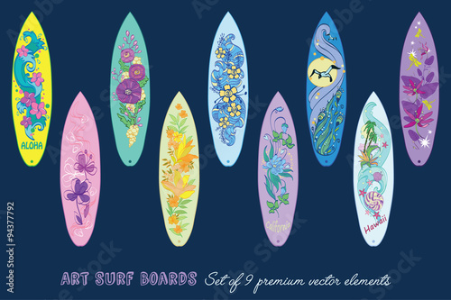 Vector Decorative Surf Boards Set 9 Elements Seamless Pattern