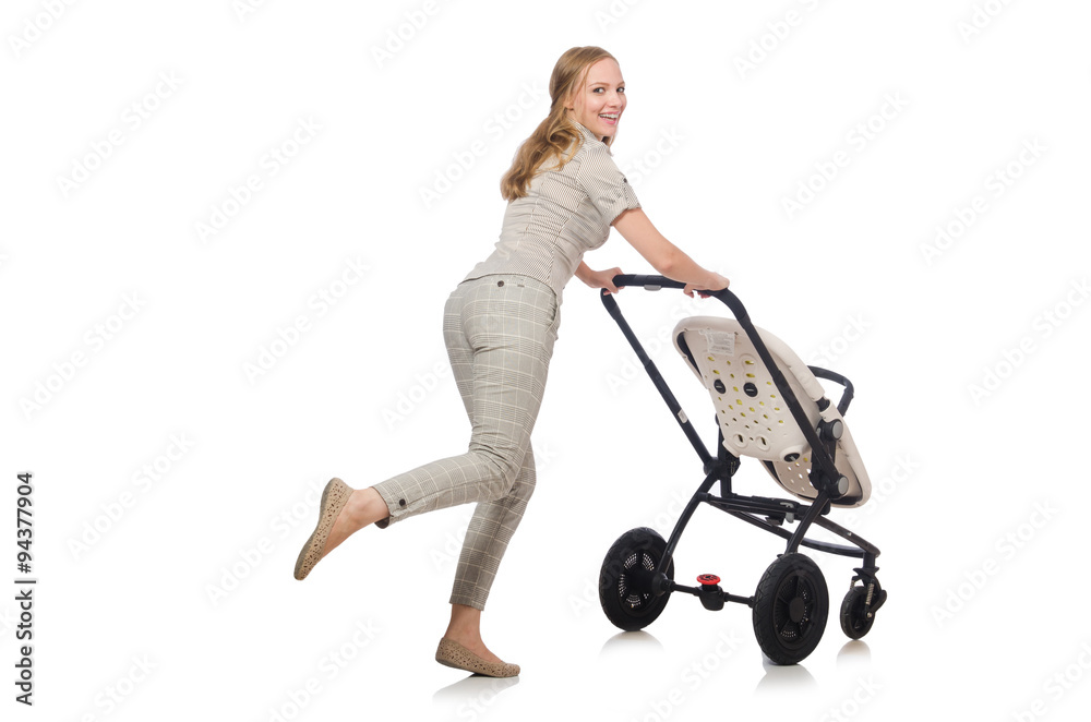 Woman with pram isolated on white Woman with pram isolated on white