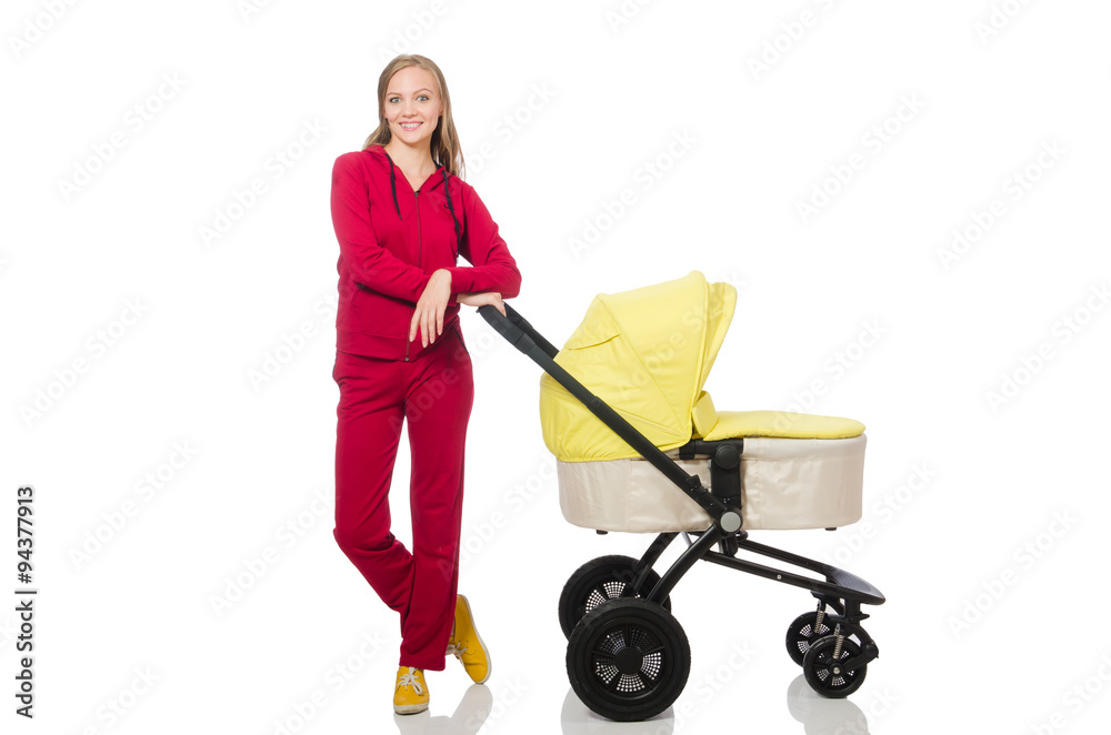 Woman with pram isolated on white Woman with pram isolated on white