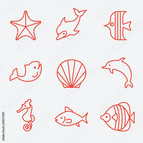 Sea fauna and fish icons, thin line style, flat design