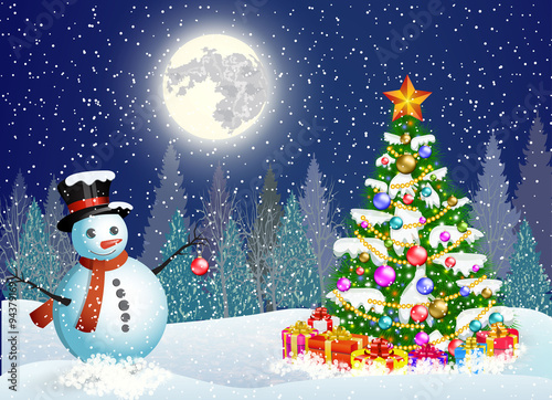 cute snowman decorating a Christmas tree