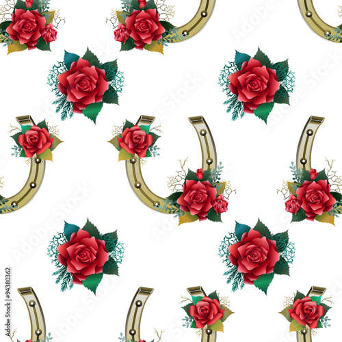 Pattern with horseshoes, rabbit foots and roses