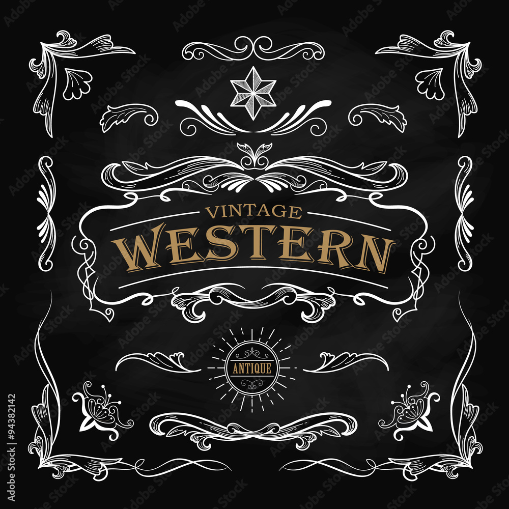 Western hand drawn elements frame label blackboard vintage banne