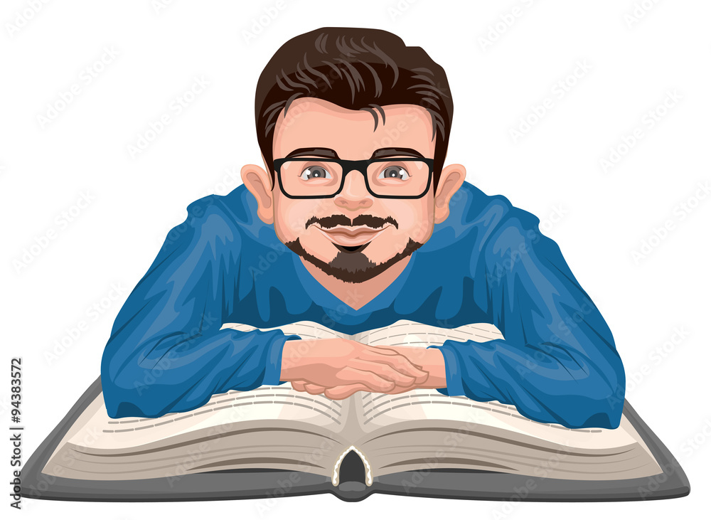 Man reading book. Young man in glasses placed his hands on an open book Man reading book. Young man in glasses placed his hands on an open book
