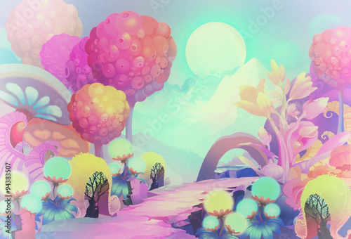 Illustration: The Colorful Forest on the other side of the Snow Mountain with Cold Moon Creeping up the Sky. Version 3: Vintage Style. Realistic / Cartoon Style. Scene / Wallpaper Design. #94383507