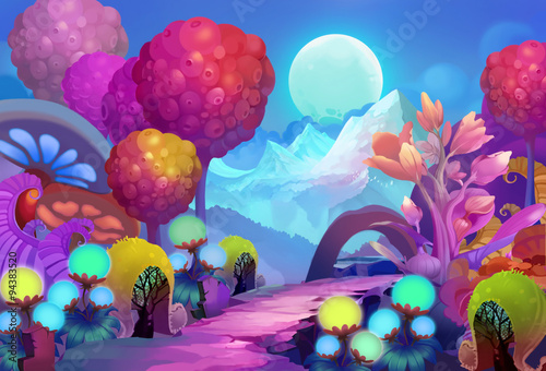 Illustration: The Colorful Forest on the other side of the Snow Mountain with Cold Moon Creeping up the Sky. Realistic / Cartoon Style. Scene / Wallpaper Design. #94383520