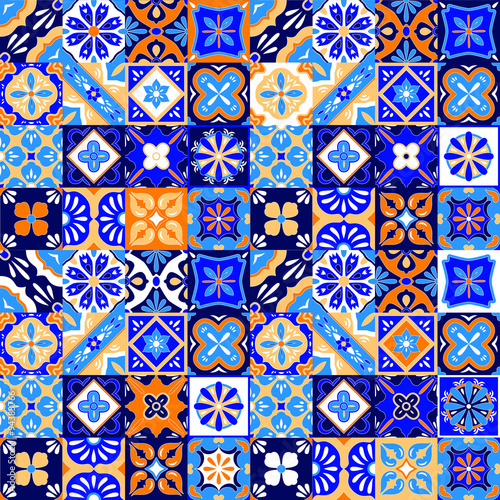 Mexican stylized talavera tiles seamless pattern in blue orange