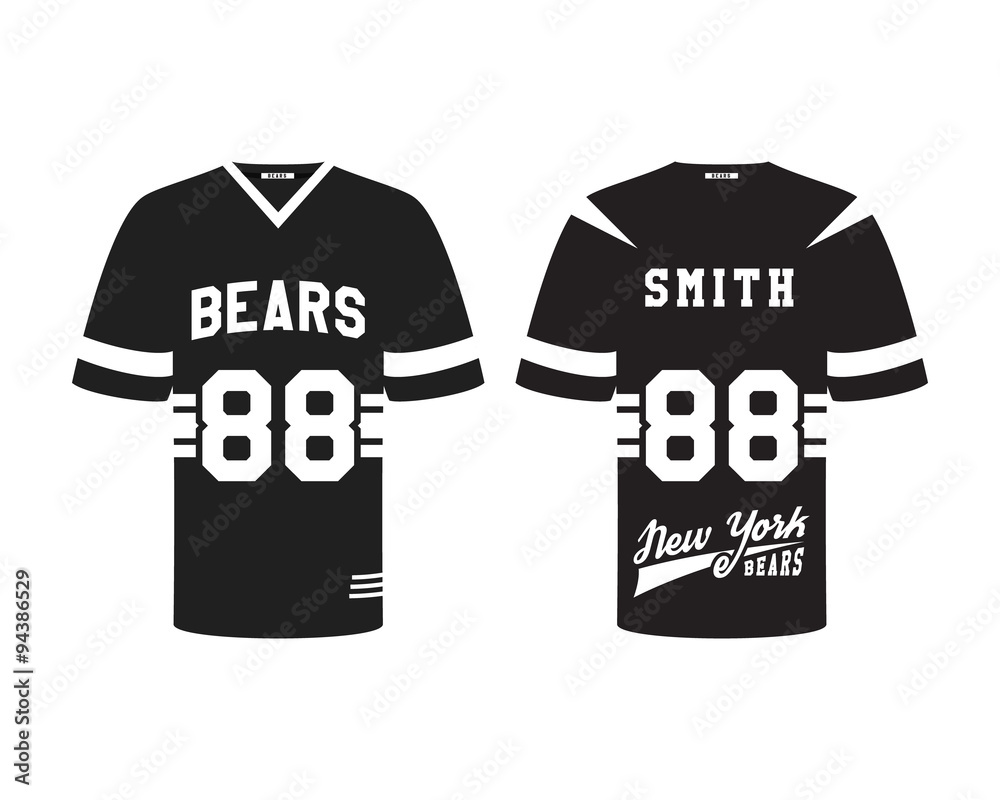 American football uniform, t-shirt design with team logo, label, badge.Stylish dark design. Can be use in infographics, presentations, as icon etc. Flat. Vector