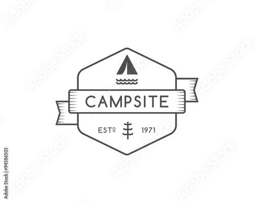 Vintage forest camping badge, outdoor logo, emblem and label concept for web, print. Retro stylish monochrome design. Tent, river, tree and text. Easy to change color. Vector