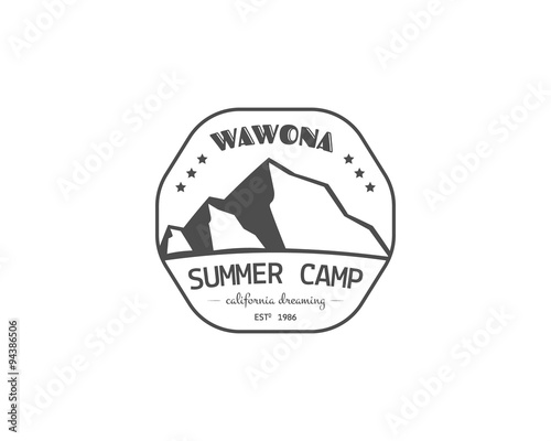 Vintage summer or winter camping badge, outdoor logo, emblem and label concept for web, print. Retro stylish monochrome design. Mountain concept and text. Easy to change color. Vector