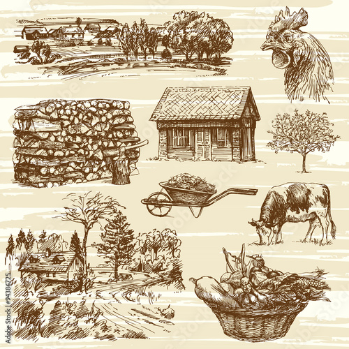 farm, harvest, rural landscape - hand drawn set