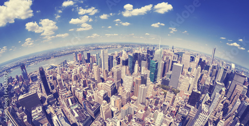 Vintage toned fisheye view of Manhattan, New York.