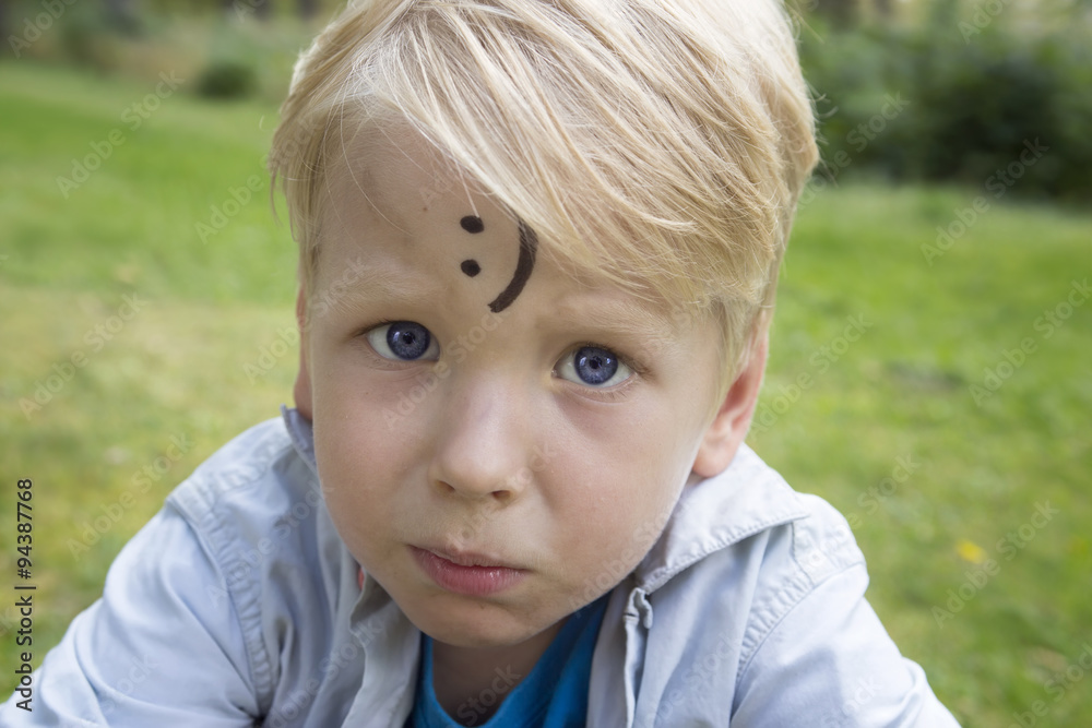 Concept of positive thoughts and emotions. On the forehead shows Concept of positive thoughts and emotions. On the forehead shows
