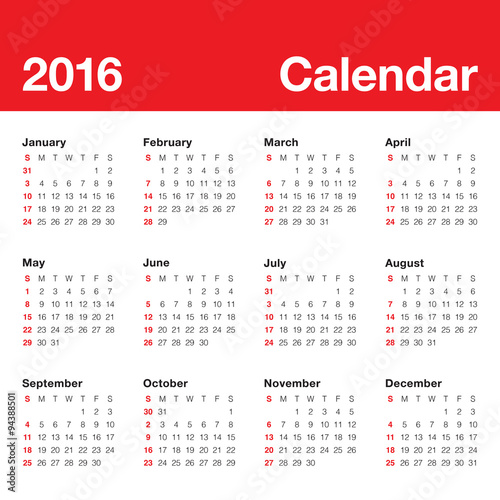 2016 Year Calendar