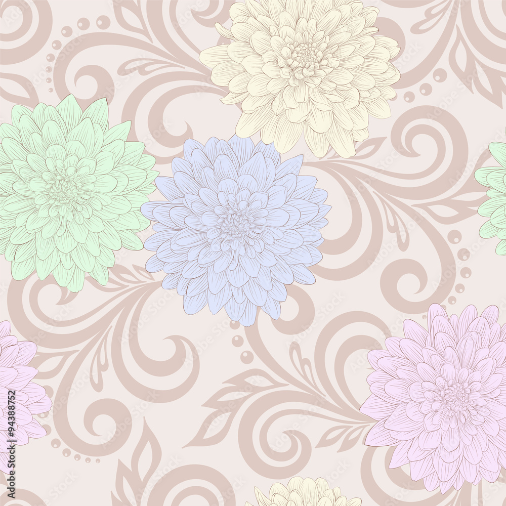 seamless pattern with dahlia flowers and abstract floral swirls