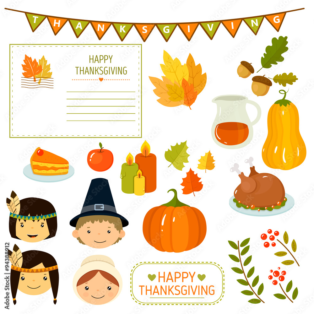 Thanksgiving Elements in Flat Style, Vector Illustration 