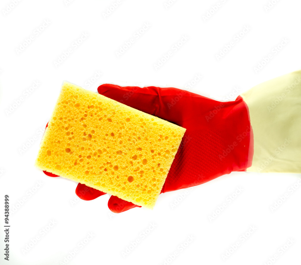 Cleaning rubber gloves with sponge Cleaning rubber gloves with sponge