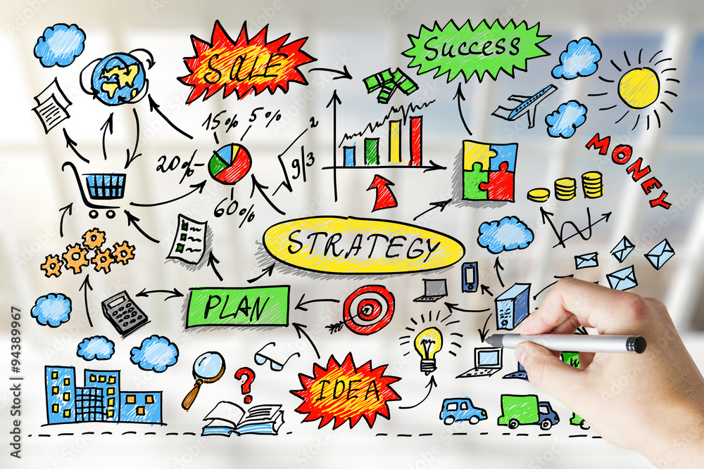 Obraz premium Men's hand draws a diagram of a business strategy a blurred back