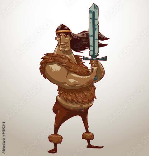 Vector barbarian. Cartoon image of a barbarian with dark hair in brown trousers and jacket, with a bandage on his head and a sword in his hand on a light blue background