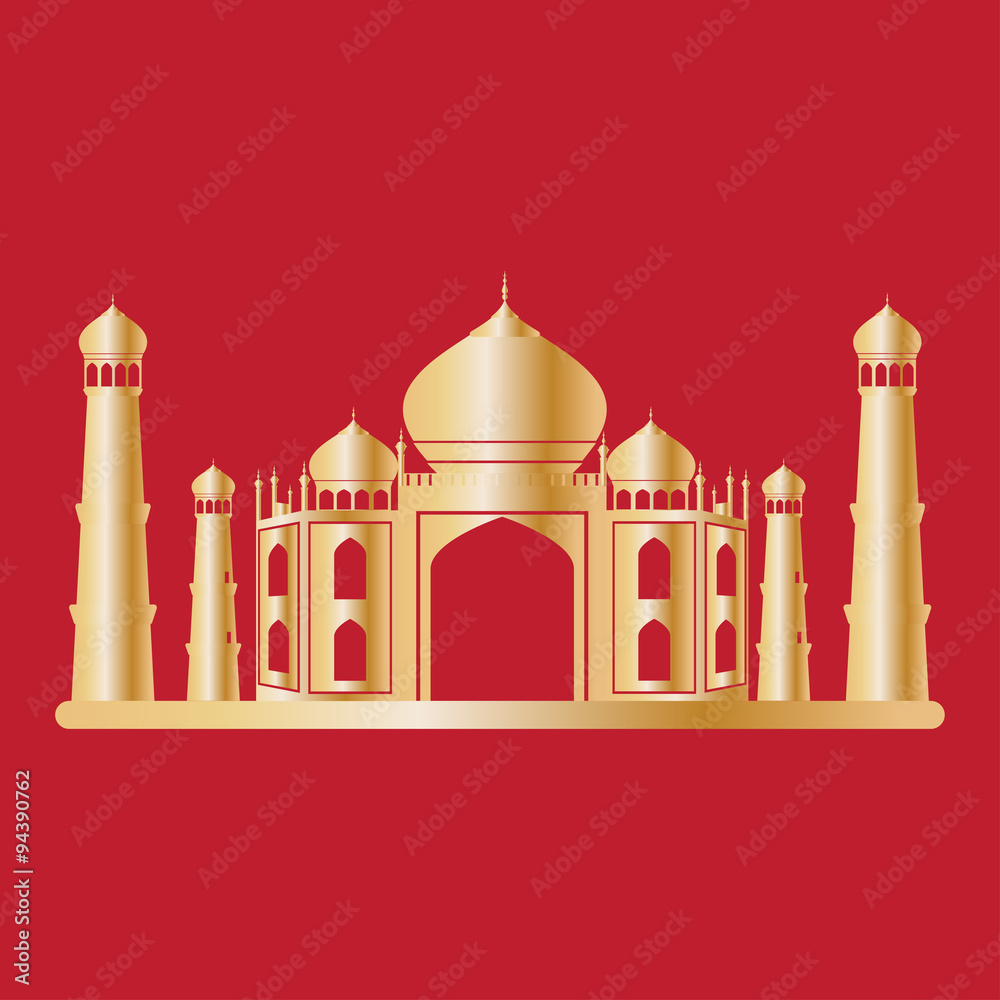 Taj mahal temple gold on red background. Vector illustration.