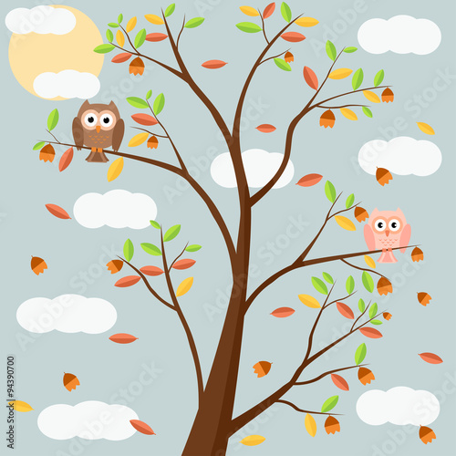 Owls on tree in autumn season and leef fall in night. Vector illustration