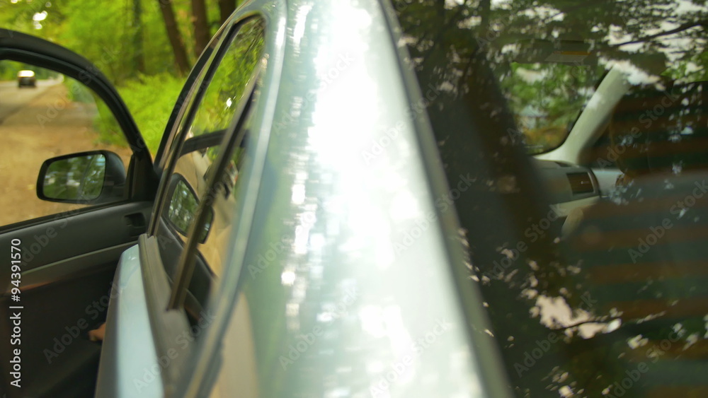 6 in 1 video! Man sit into in car and drive in forest. Camera is outside the car 6 in 1 video! Man sit into in car and drive in forest. Camera is outside the car