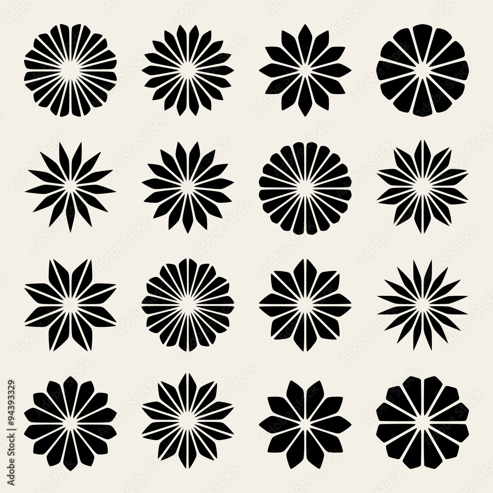 Set of Sixteen Vector Black & White Flower Petal Star Shape Design Elements Set of Sixteen Vector Black & White Flower Petal Star Shape Design Elements
