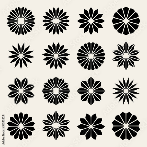 Set of Sixteen Vector Black & White Flower Petal Star Shape Design Elements