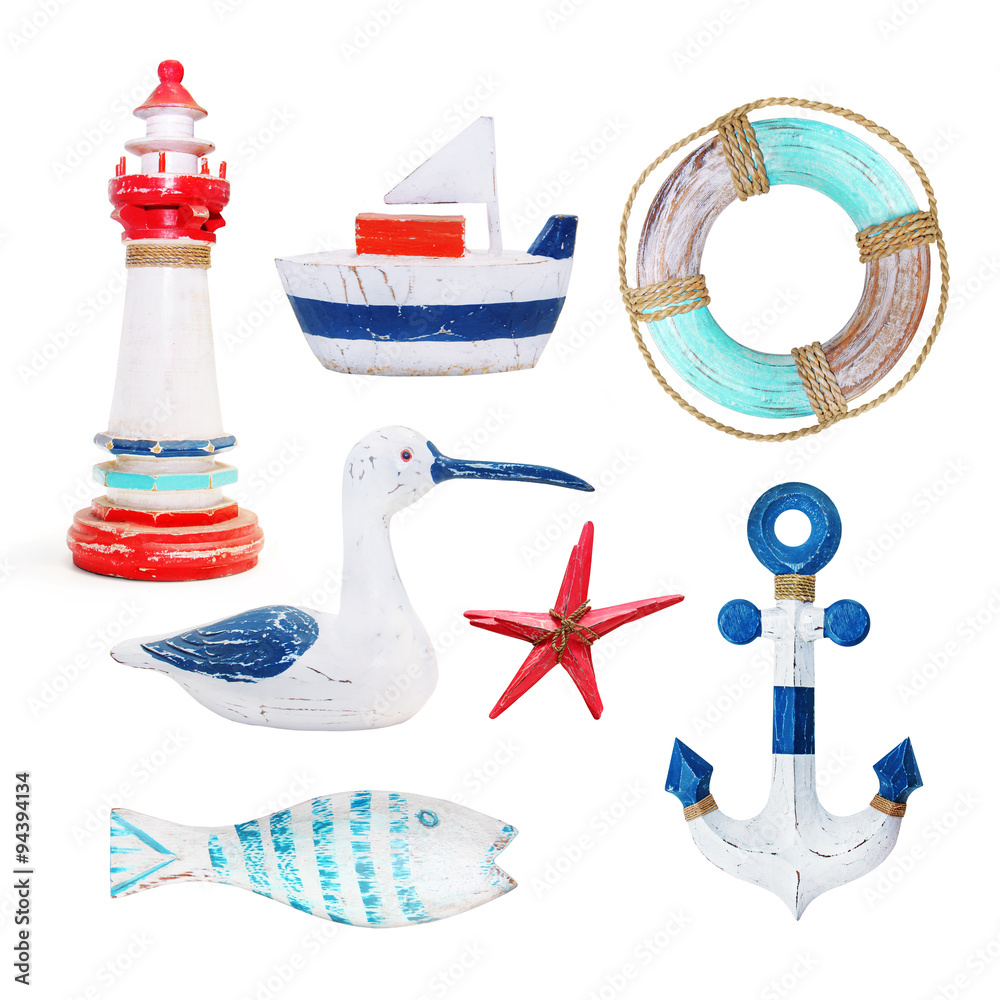 collection of wooden toys on a white background
