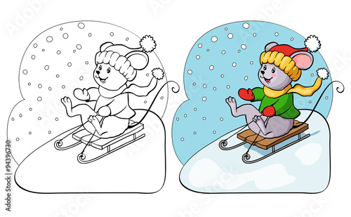 Coloring book or page. Fanny mouse on sled.