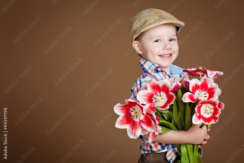 Retro boy with tulips bouquet Retro boy with tulips bouquet
