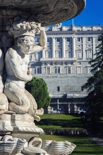 classical fountain's detail in royal palace garden in madrid