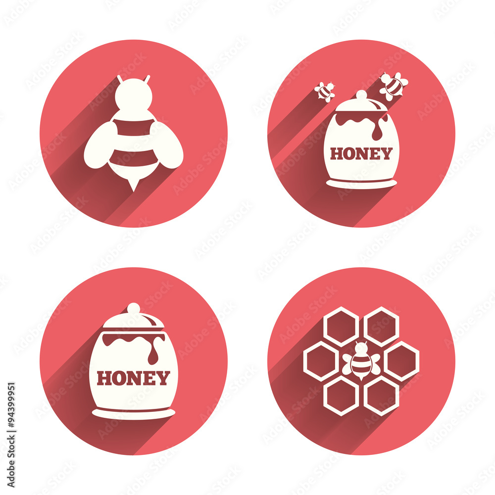 Honey icon. Honeycomb cells with bees symbol. Honey icon. Honeycomb cells with bees symbol.