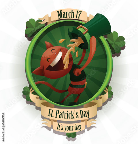 Vector label with the cartoon image of red cat looking like St. Patrick, in green jacket, belt, who drinks beer out of green hat on green round background. In the theme of St. Patrick's Day. 