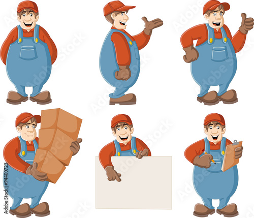 Cartoon worker wearing overalls and hat. 