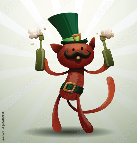 Vector cartoon image of a red cat looking like St. Patrick, dressed in a green belt and a hat with two bottles of beer in his paws on a light background. In the theme of St. Patrick's Day.