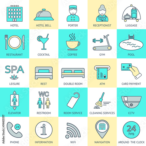 Set of hotel icons line. Hotel service. Logo, glyphs and pictogram collection. Vector