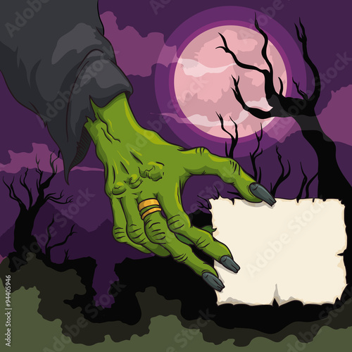 Witch Hand with Paper in Spooky Scene, Vector Illustration