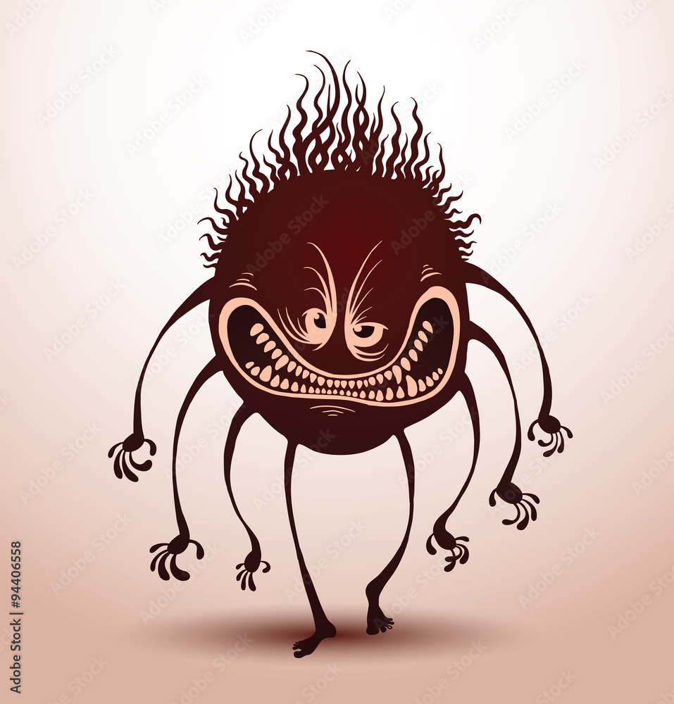 Vector funny monsters silhouette with six arms. Cartoon image of funny  monsters silhouettes dark brown color with six arms, two legs and two eyes  on a light pink background. Stock Vector
