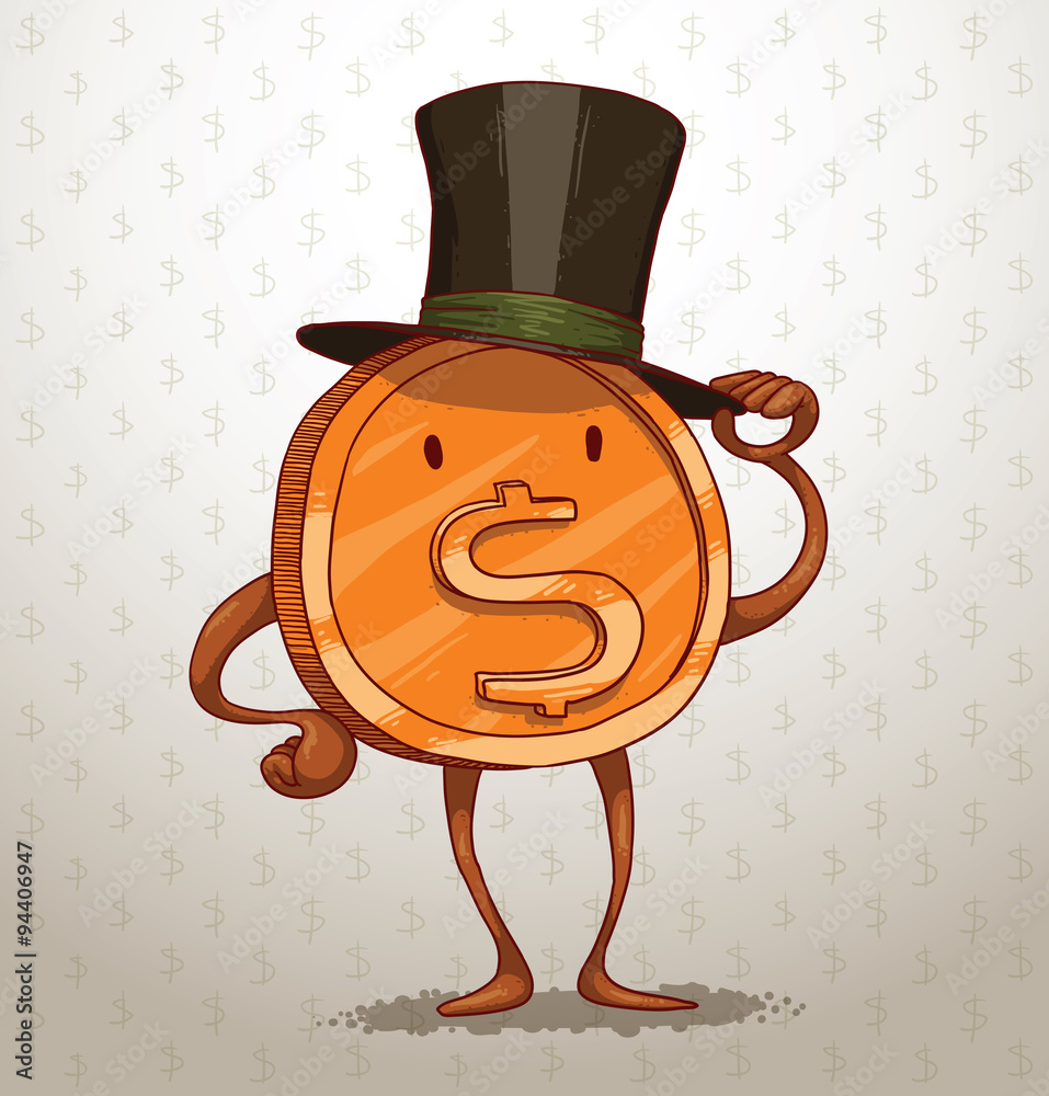 Vector funny money coin. Cartoon image of a funny gold coin with arms and  legs wearing a black hat on a light background. Stock Vector | Adobe Stock