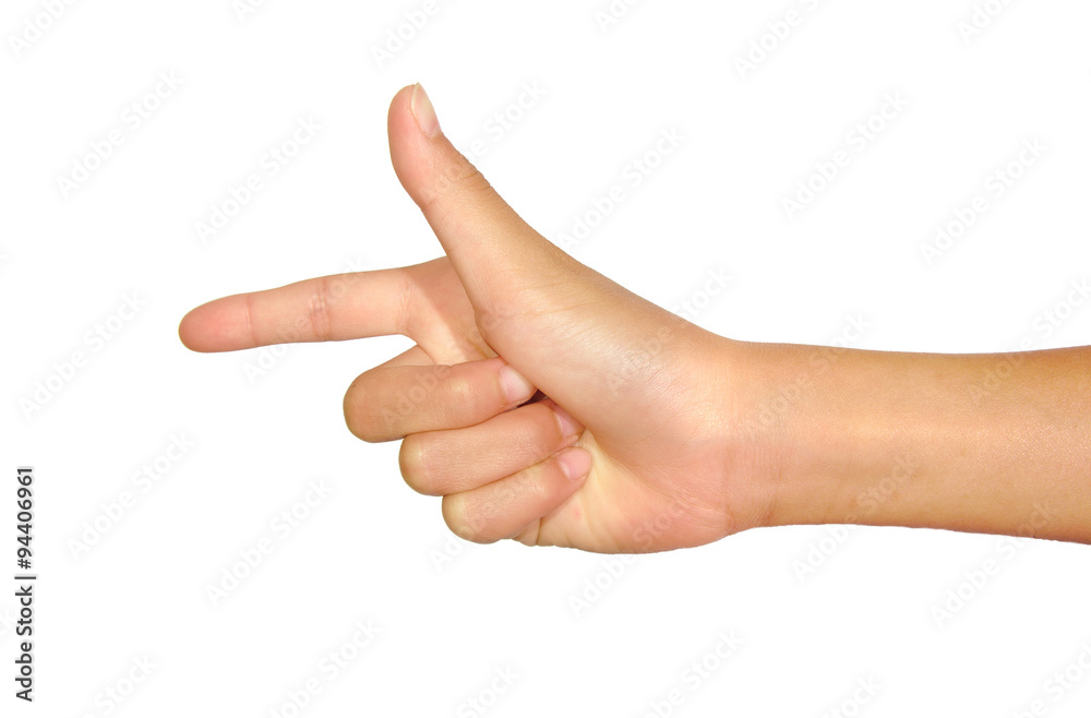 Female caucasian hand gesture of a single pointing finger isolated on white background Female caucasian hand gesture of a single pointing finger isolated on white background